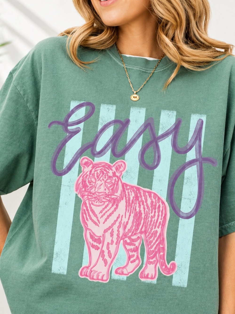 Comfort Colors Green Short Sleeve Tee with Pink Tiger Graphic